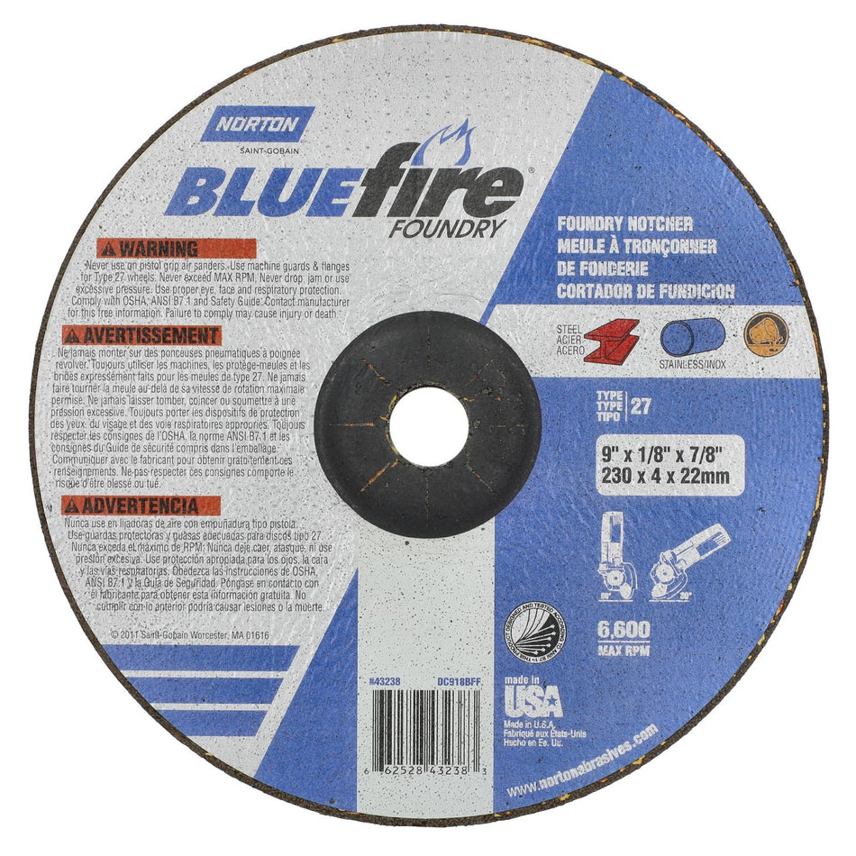 Norton 9 x 1/8 x 7/8 in BlueFire Type 27 Grinding Wheel ZA/SC 24 Grit T, 20-Pack