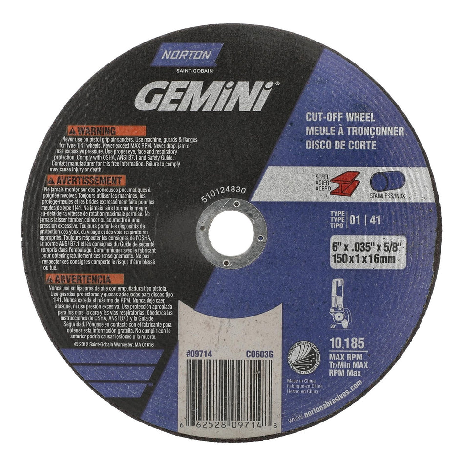 Norton 6 in x 1 mm Gemini Type 41 Cut-Off Wheel AO 60 Grit O, 25-Pack
