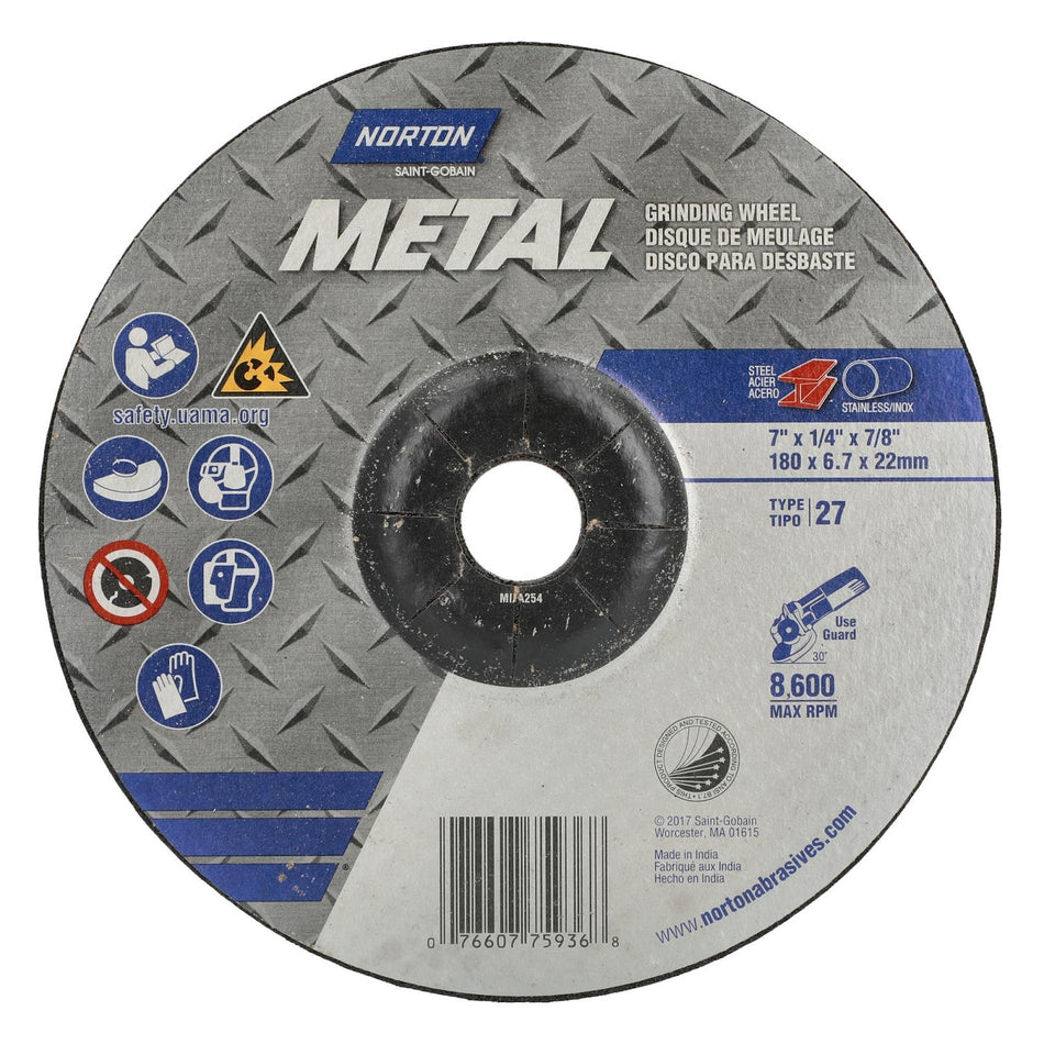 Norton 7 x 1/4 in Metal Type 27 Grinding Wheel AO 24 Grit R B, 5-Pack