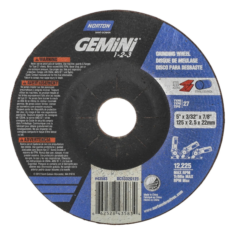 Norton 5 x 3/32 x 7/8 in Gemini Type 27 Cut-Off Wheel AO 46 Grit S, 25-Pack
