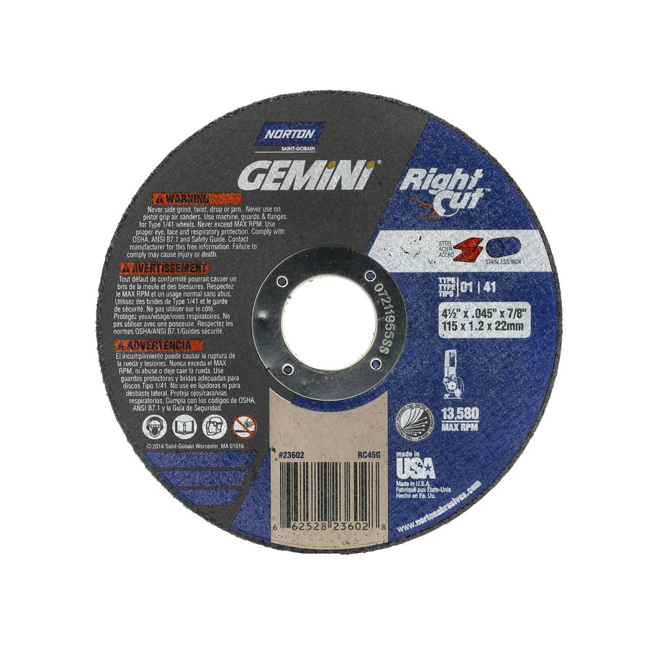 Norton 4-1/2 x 0.045 in Gemini Type 41 Cut-Off Wheel AO 36 Grit Q, 25-Pack