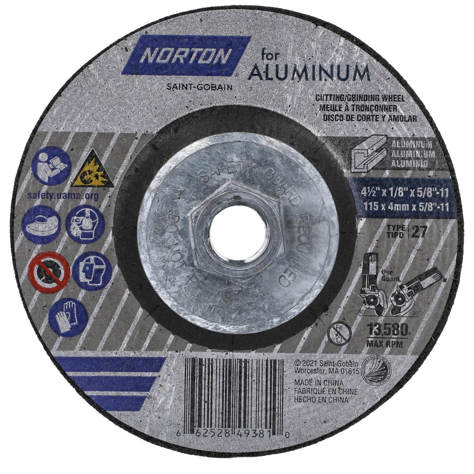 Norton 4-1/2 x 1/8 x 5/8 in Type 27 Grinding Wheel AO 20 Grit P, 10-Pack