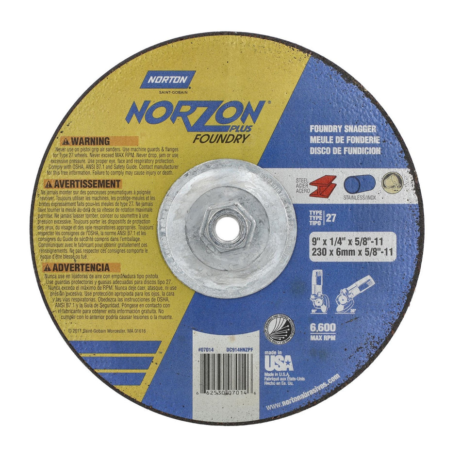 Norton 9 in x 1/4 in x 5/8 in-11 NorZon Plus Type 27 Grinding Wheel CA 24 Grit T, 10-Pack