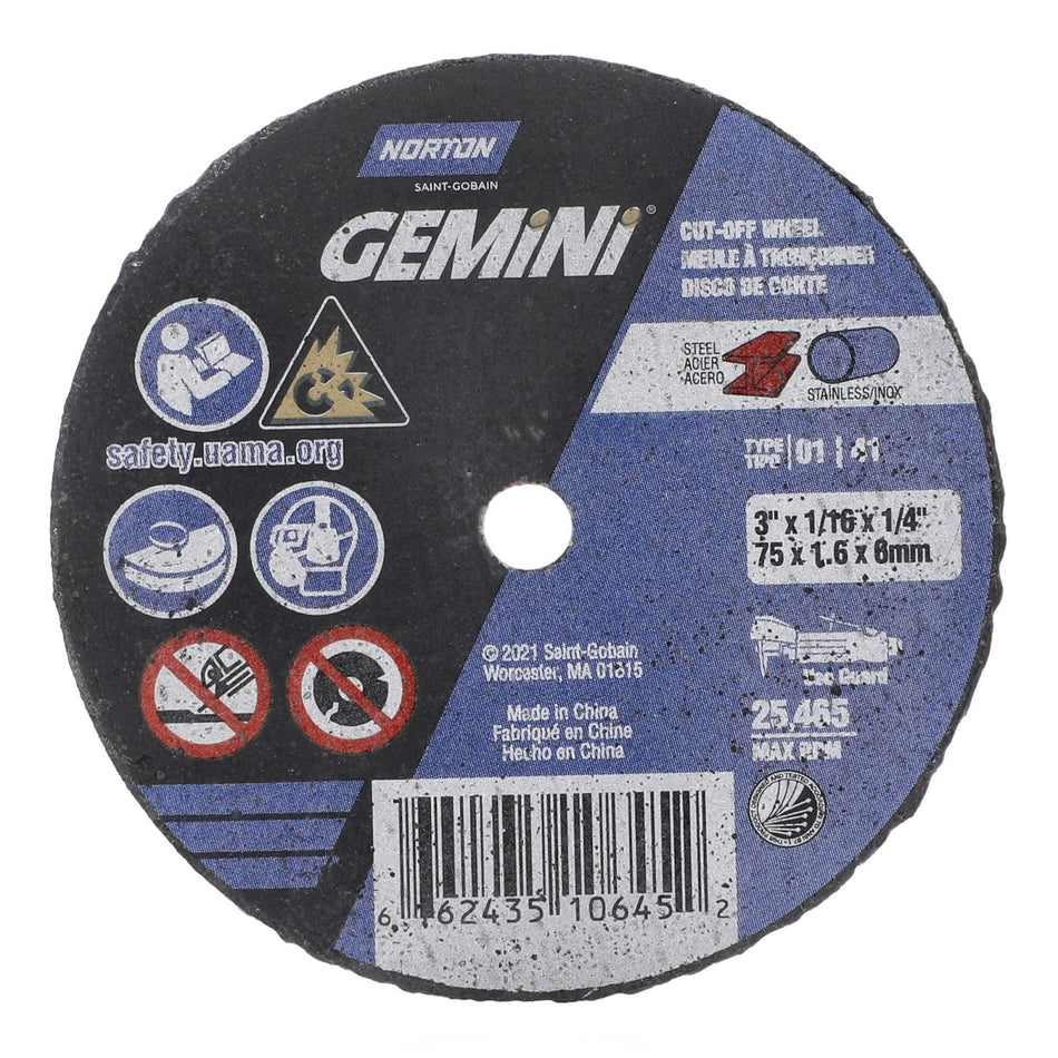 Norton 3 x 1/16 in Gemini Type 41 Cut-Off Wheel AO 36 Grit T, 25-Pack