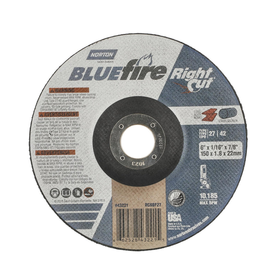 Norton 6 x 1/16 x 7/8 in BlueFire Type 42 Cut-Off Wheel AO 36 Grit Q, 25-Pack
