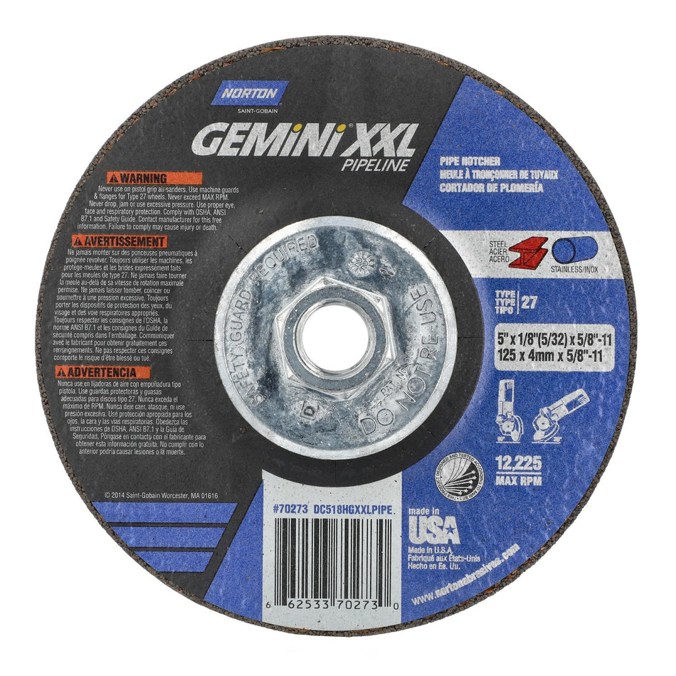 Norton 5 in x 1/8 in x 5/8 in-11 Gemini XXL Type 27 Grinding Wheel AO 30 Grit V, 10-Pack