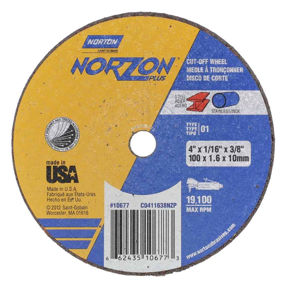 Norton 4 x 1/16 in NorZon Plus Type 41 Cut-Off Wheel CA 36 Grit T, 25-Pack