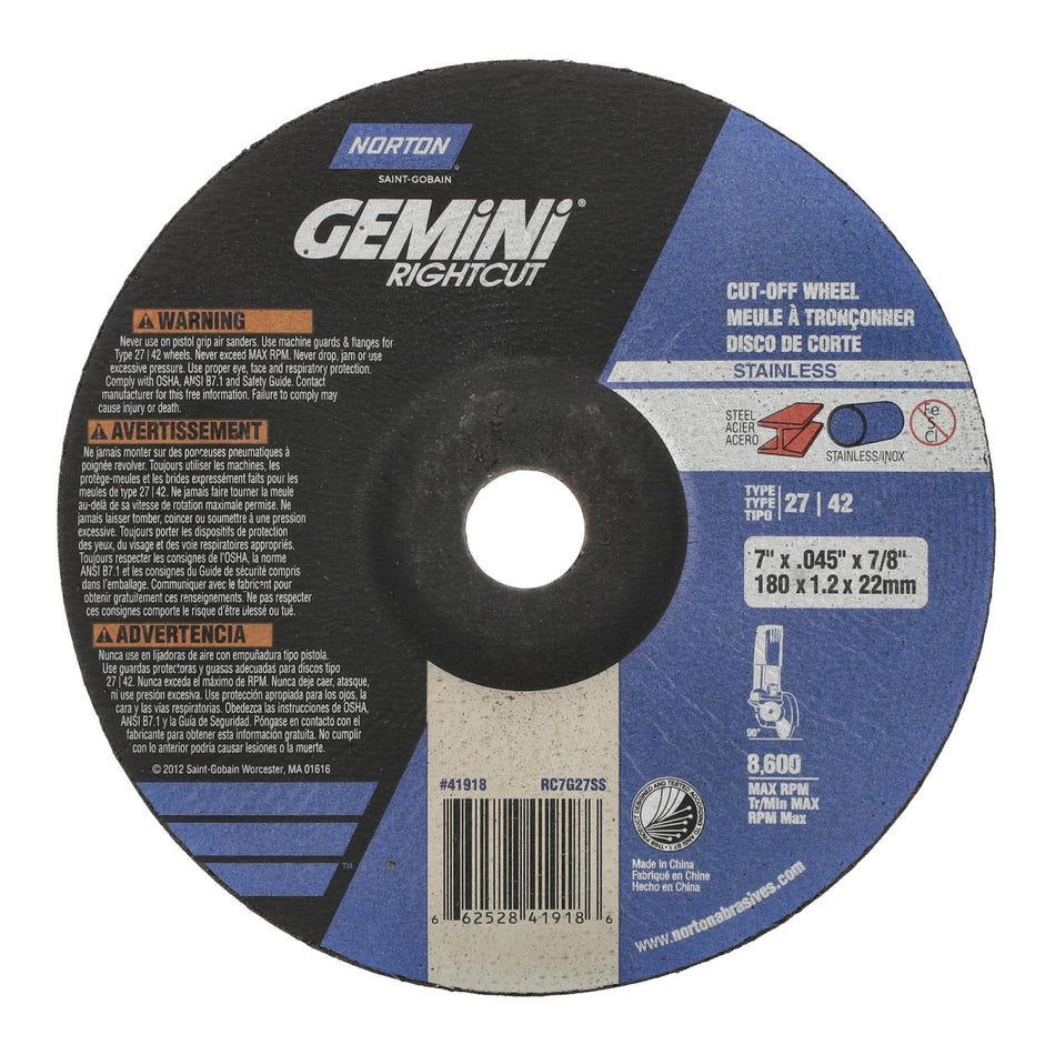 Norton 7 x 0.045 x 7/8 in Gemini Type 42 Cut-Off Wheel AO 36 Grit R, 20-Pack