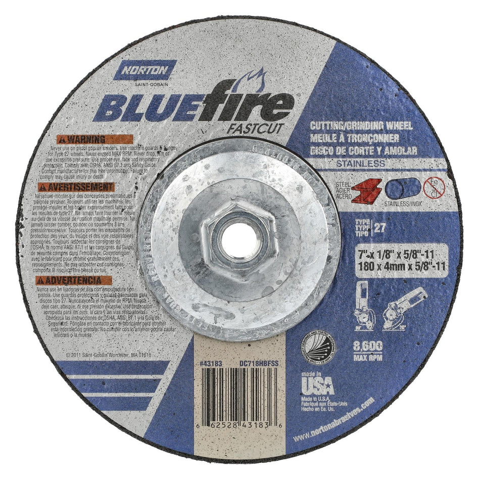 Norton 7 in x 1/8 in x 5/8 in-11 BlueFire Type 27 Grinding Wheel ZA 30 Grit U, 10-Pack