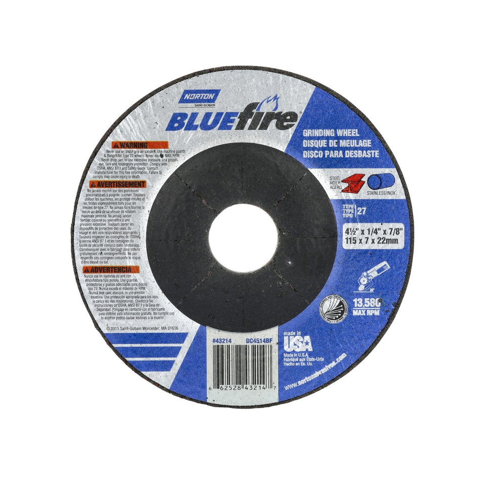 Norton 4-1/2 x 1/4 in BlueFire Type 27 Grinding Wheel ZA 24 Grit S, 25-Pack