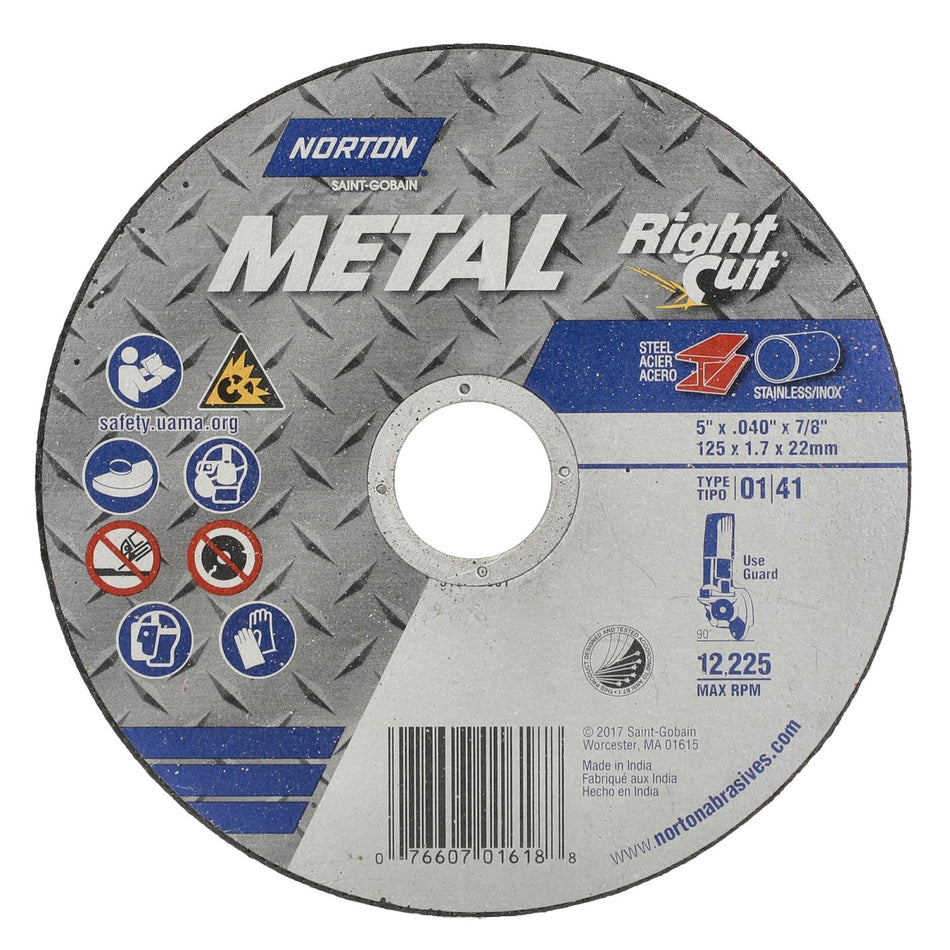 Norton 5 x 0.04 x 7/8 in Metal Type 41 Cut-Off Wheel AO 60 Grit Q B, 25-Pack