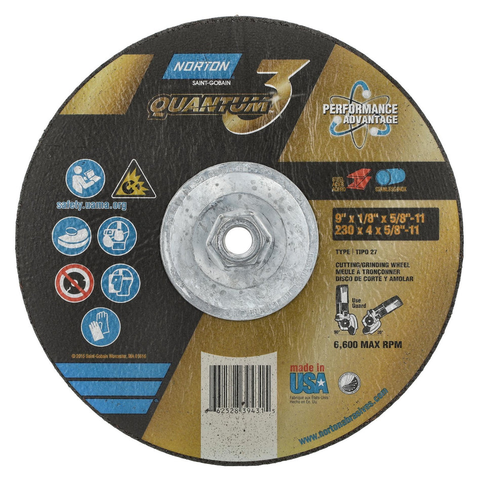 Norton 9 in x 1/8 in x 5/8 in-11 Quantum3 Type 27 Grinding Wheel CA 24 Grit U, 10-Pack