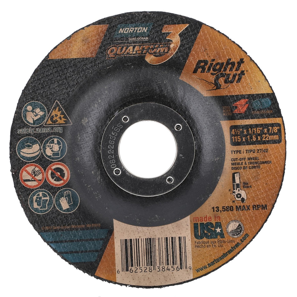 Norton 4-1/2 x 1/16 in Quantum3 Type 42 Cut-Off Wheel CA 36 Grit R, 25-Pack