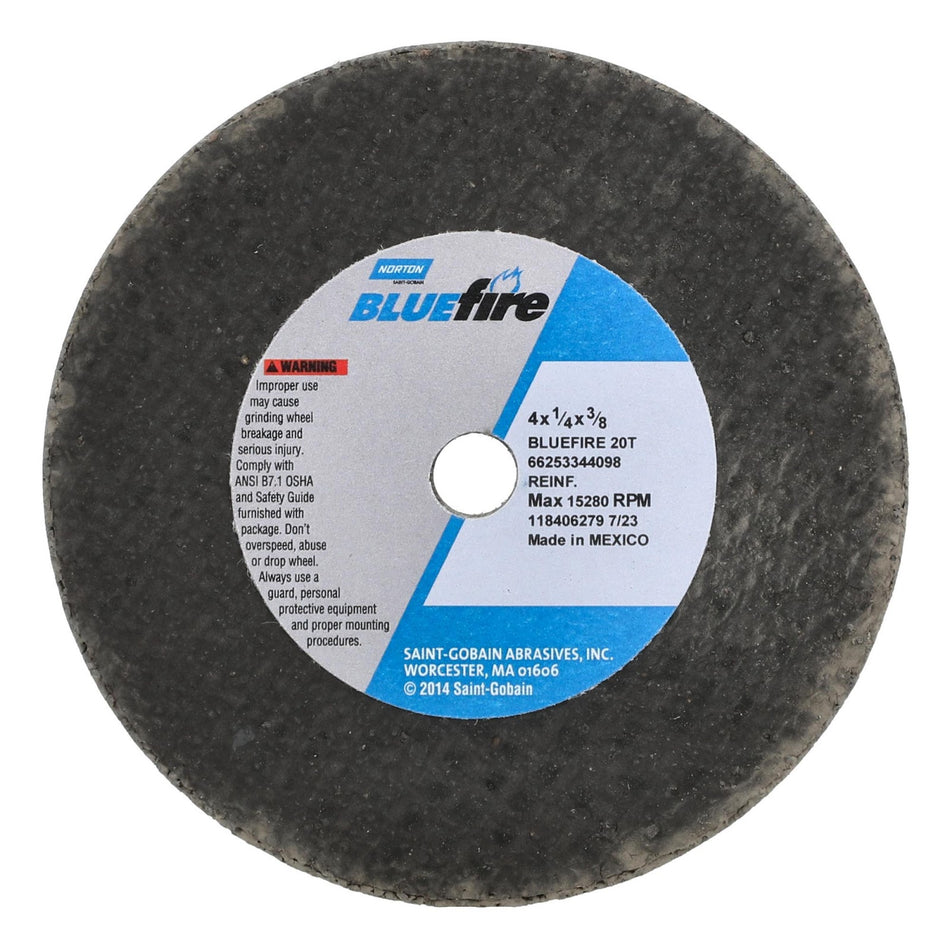 Norton 4 x 1/4 x 3/8 In. BlueFire Reinforced Reinf Portable Snagging Wheel >3 in 4NV 20 T BRA Type 01, 10-Pack