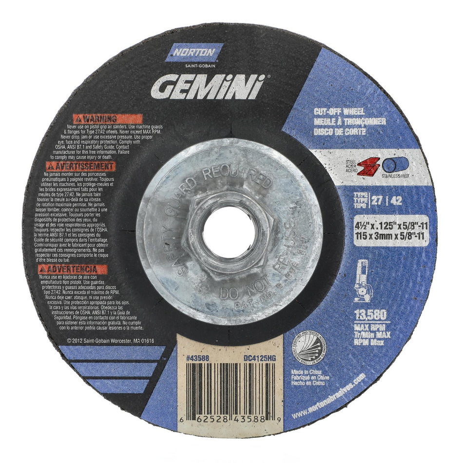 Norton 4-1/2 in x 0.125 in x 5/8 in-11 Gemini Type 42 Cut-Off Wheel AO 30 Grit T, 10-Pack