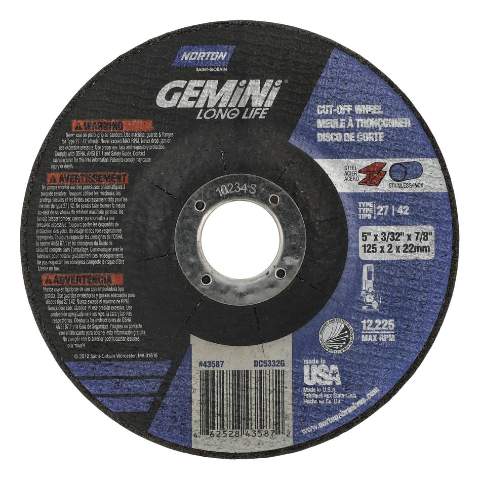 Norton 5 x 3/32 in Gemini Type 42 Cut-Off Wheel AO 30 Grit R, 25-Pack
