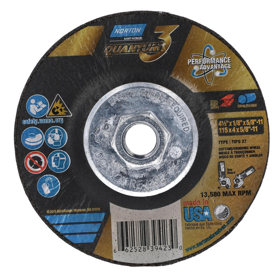Norton 4-1/2 in x 1/8 in x 5/8 in-11 Quantum3 Type 27 Grinding Wheel CA 24 Grit S, 10-Pack