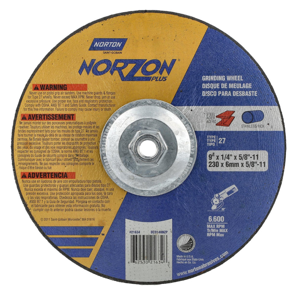 Norton 9 in x 1/4 in x 5/8 in-11 NorZon Plus Type 27 Grinding Wheel CA 20 Grit Q, 10-Pack