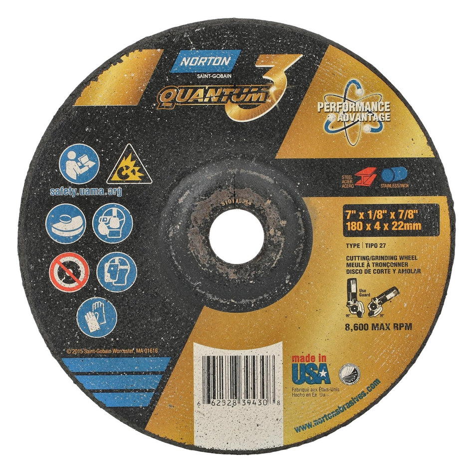 Norton 7 x 1/8 x 7/8 in Quantum3 Type 27 Grinding Wheel CA 24 Grit U, 20-Pack