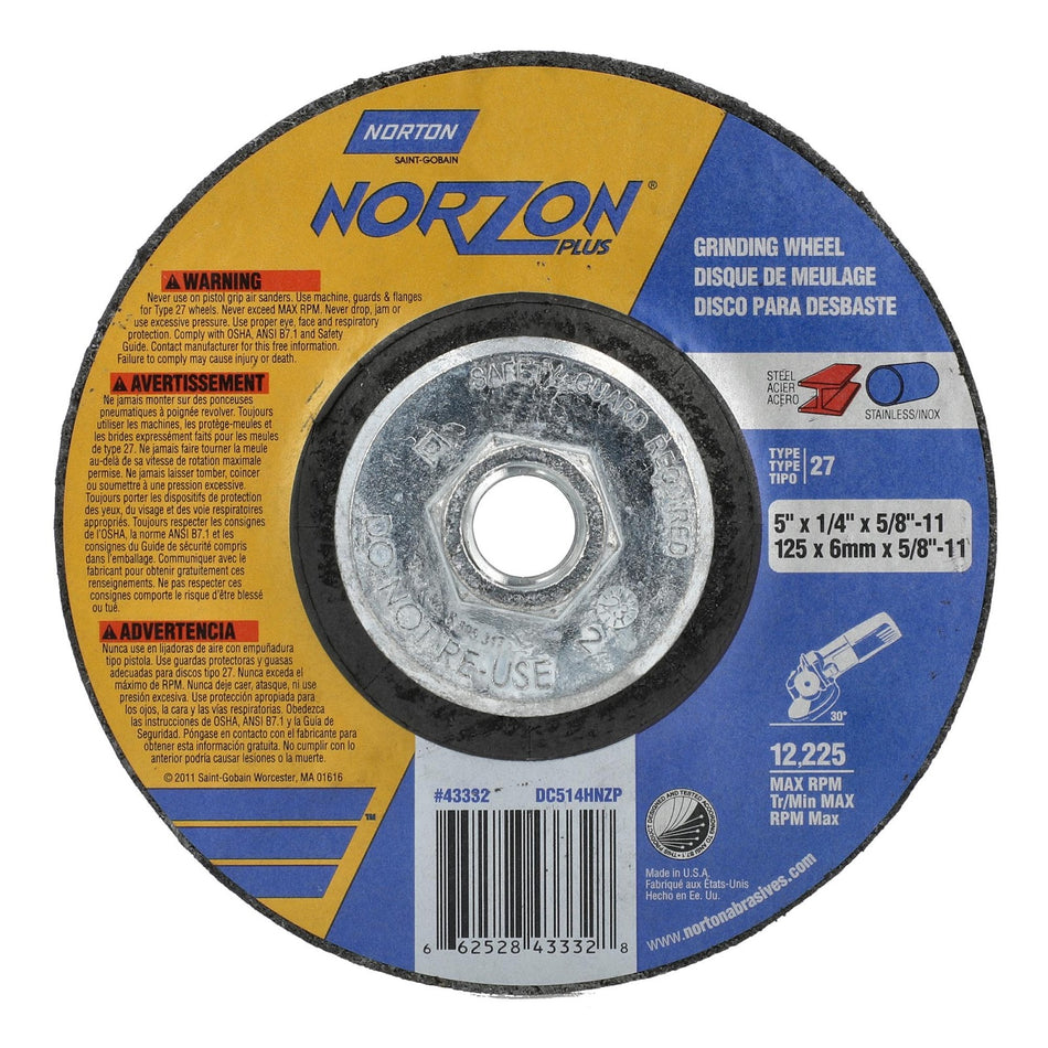 Norton 5 in x 1/4 in x 5/8 in-11 NorZon Plus Type 27 Grinding Wheel CA 20 Grit Q, 10-Pack