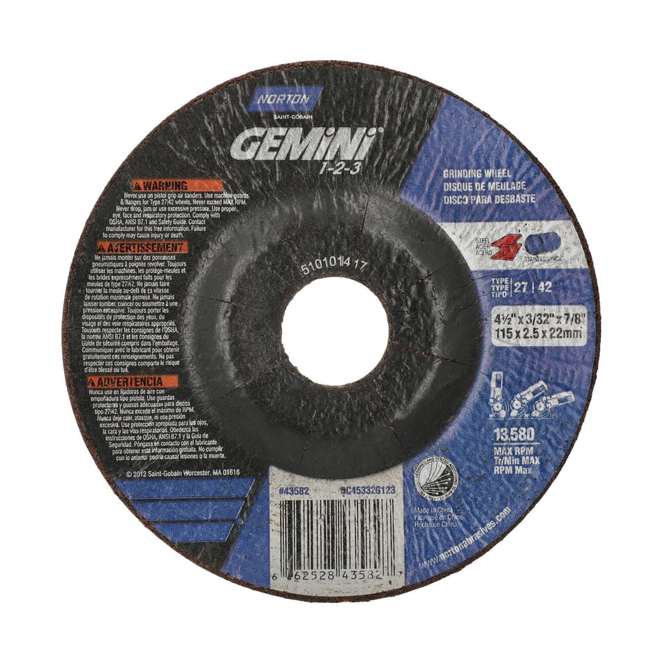 Norton 4-1/2 x 3/32 x 7/8 in Gemini Type 27 Cut-Off Wheel AO 46 Grit S, 25-Pack