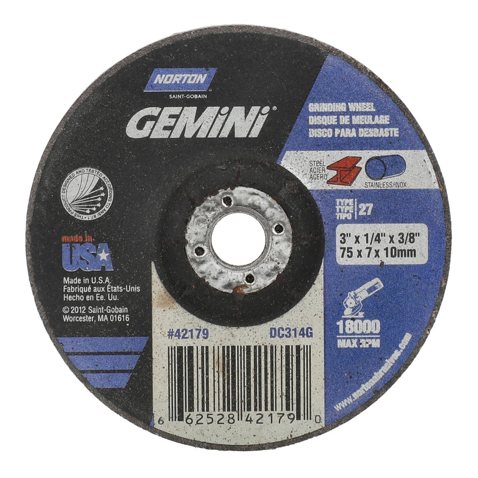 Norton 3 x 1/4 x 3/8 in Gemini Type 27 Grinding Wheel AO 24 Grit Q, 25-Pack