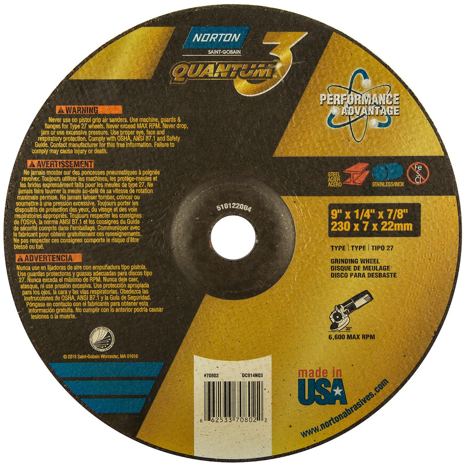 Norton 9 x 1/4 in Quantum3 Type 27 Grinding Wheel CA 20 Grit Q, 20-Pack