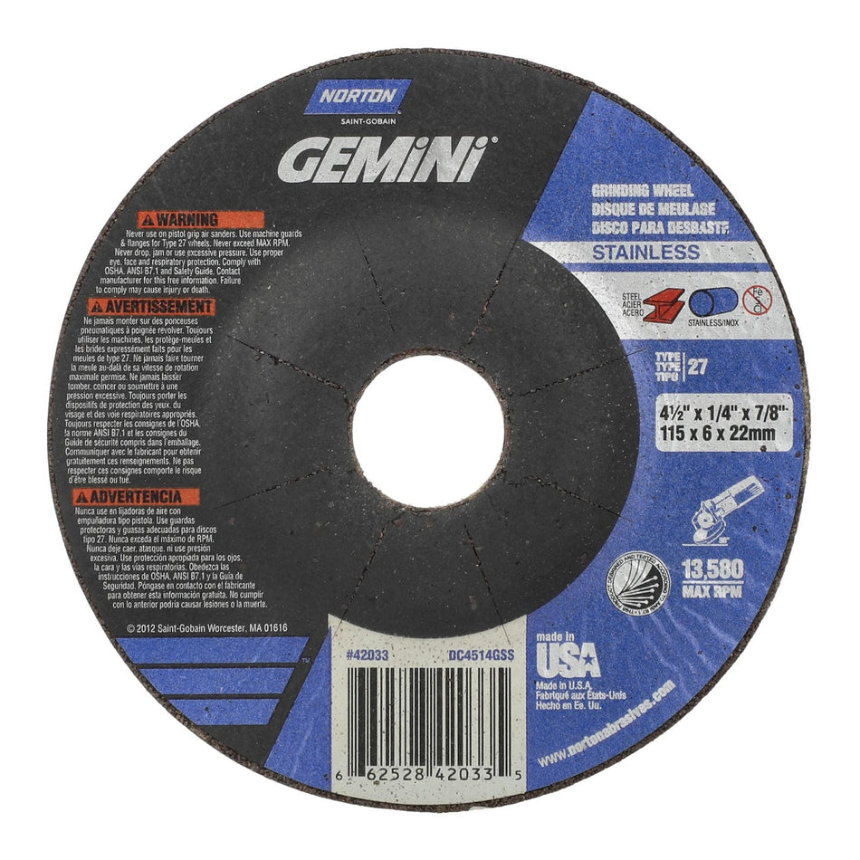 Norton 4-1/2 x 1/4 in Gemini Type 27 Grinding Wheel AO 30 Grit Q, 25-Pack
