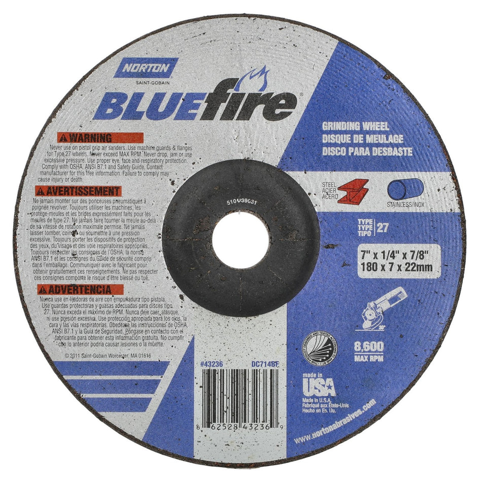 Norton 7 x 1/4 in BlueFire Type 27 Grinding Wheel ZA 24 Grit S, 20-Pack