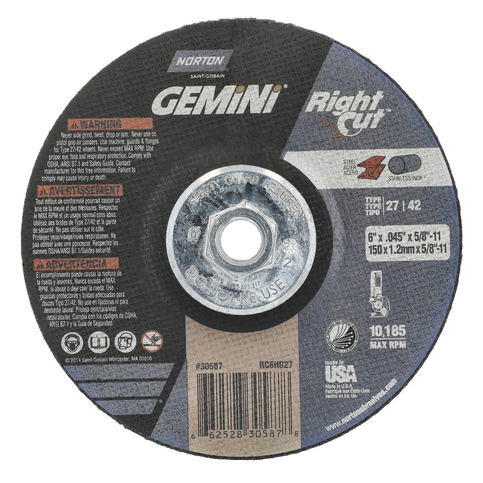 Norton 6 in x 0.045 in x 5/8 in-11 Gemini Type 42 Cut-Off Wheel AO 46 Grit Q, 10-Pack