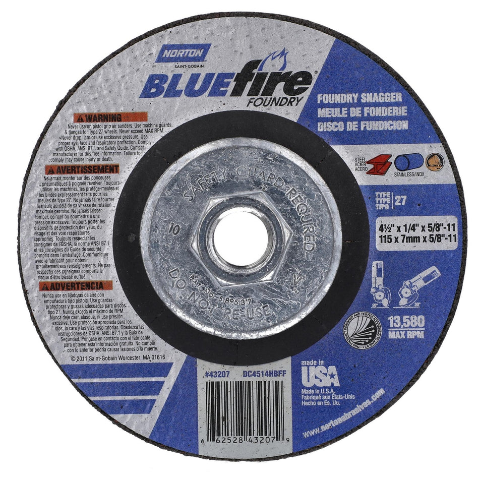 Norton 4-1/2 in x 1/4 in x 5/8 in-11 BlueFire Type 27 Grinding Wheel ZA/SC 24 Grit T, 10-Pack