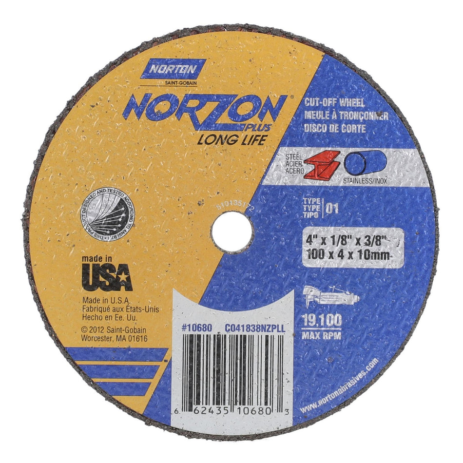 Norton 4 x 1/8 in NorZon Plus Type 41 Cut-Off Wheel CA 36 Grit Y, 25-Pack