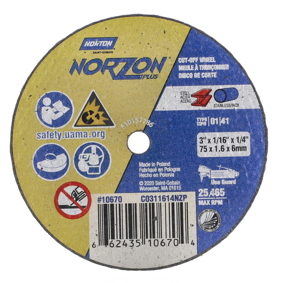 Norton 3 x 1/16 in NorZon Plus Type 41 Cut-Off Wheel CA 36 Grit T, 25-Pack