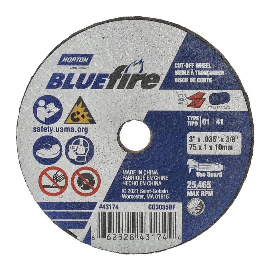 Norton 3 x 0.035 in BlueFire Type 41 Cut-Off Wheel ZA 46 Grit X, 25-Pack