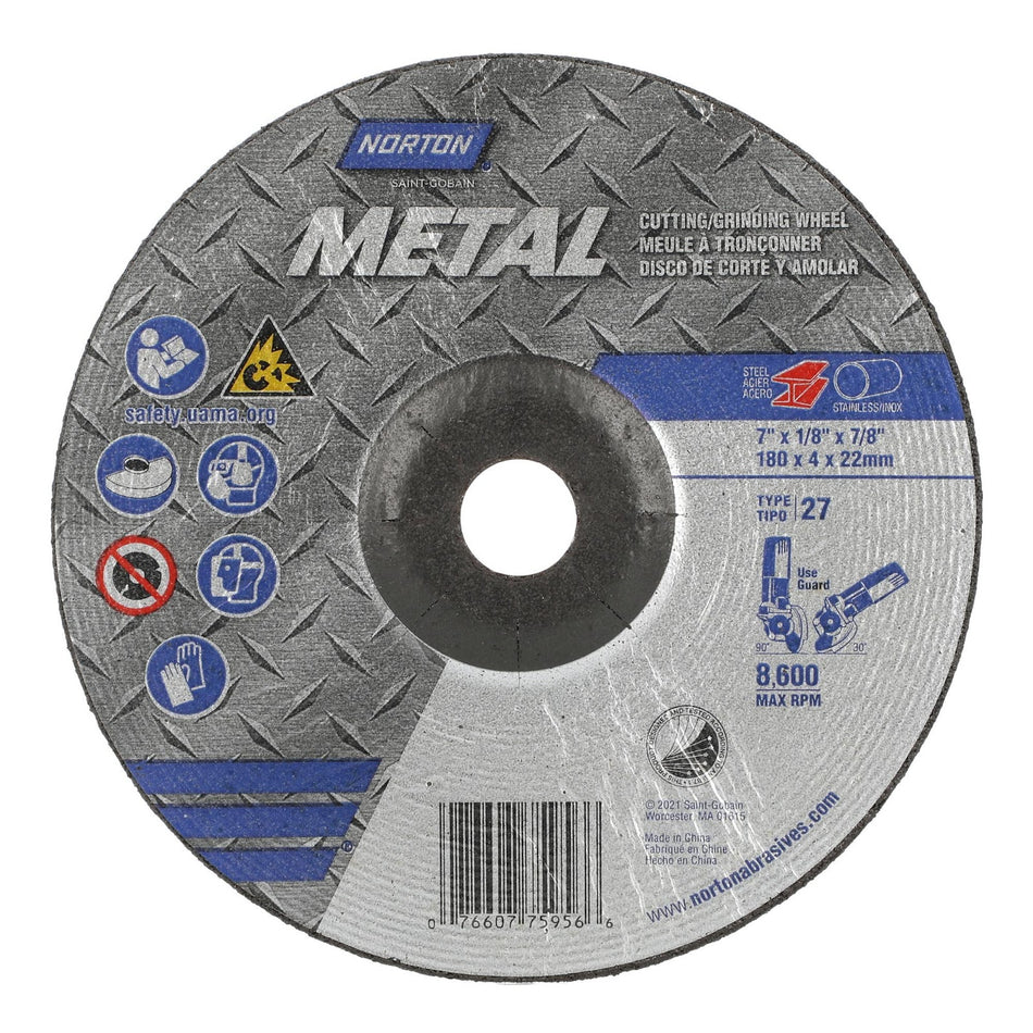 Norton 7 x 1/8 x 7/8 in Metal Type 27 Grinding Wheel AO 24 Grit R, 5-Pack