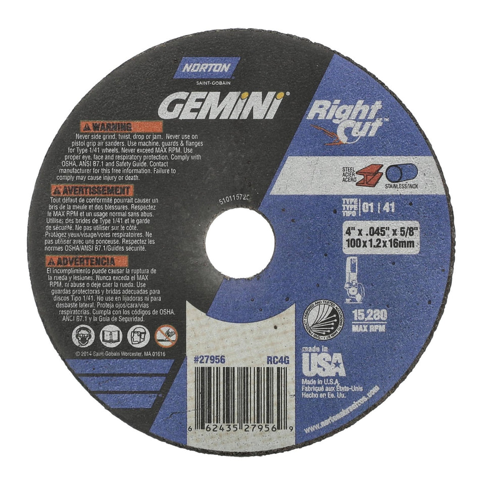 Norton 4 x 0.045 x 5/8 in Gemini Type 41 Cut-Off Wheel AO 46 Grit Q, 25-Pack