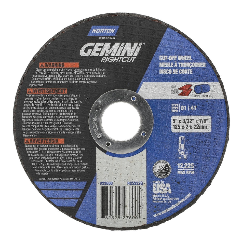 Norton 5 x 3/32 x 7/8 in Gemini Type 41 Cut-Off Wheel AO 46 Grit Q, 25-Pack