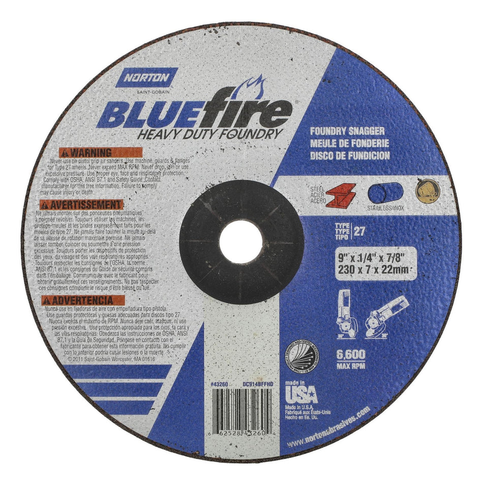 Norton 9 x 1/4 in BlueFire Type 27 Grinding Wheel ZA/SC 20 Grit T, 20-Pack