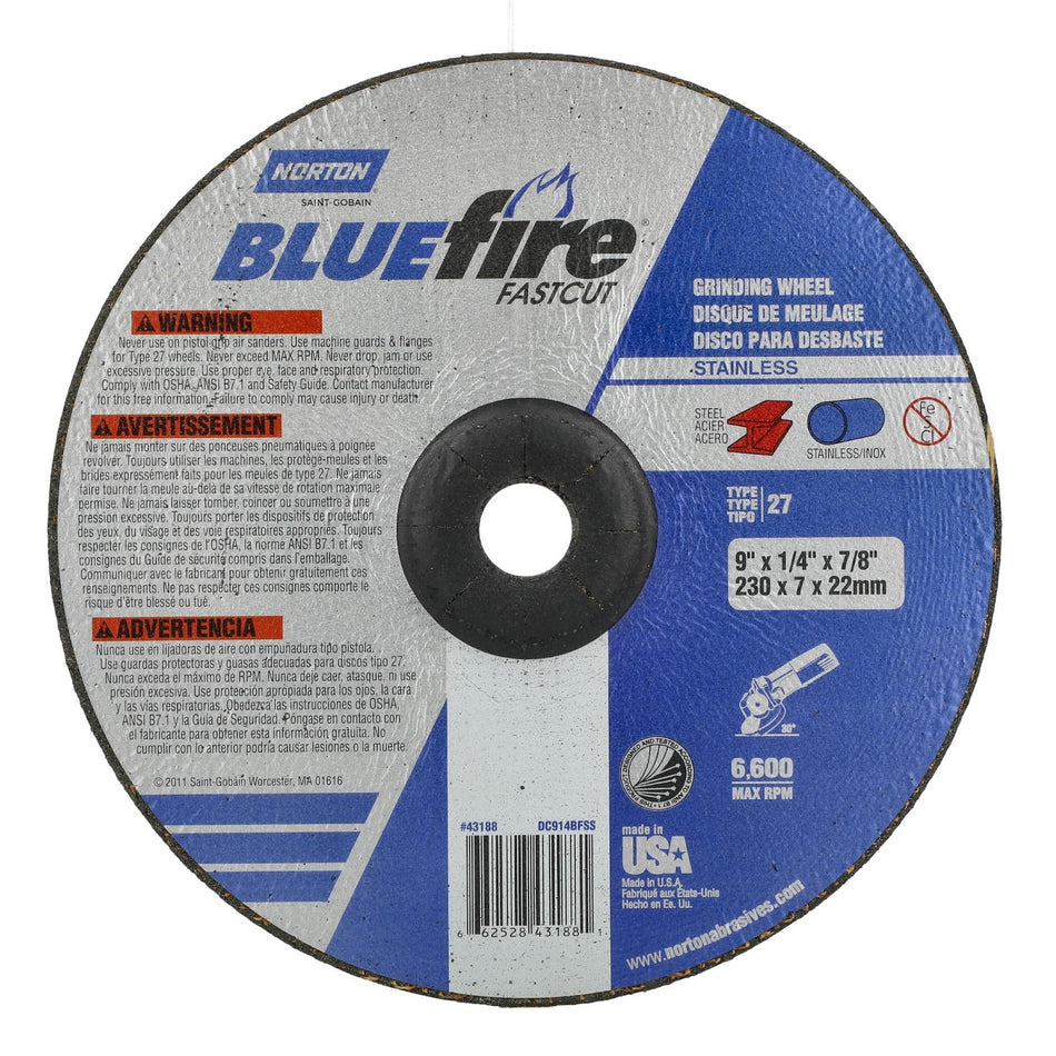 Norton 9 x 1/4 x 7/8 in BlueFire Type 27 Grinding Wheel ZA 24 Grit S, 20-Pack