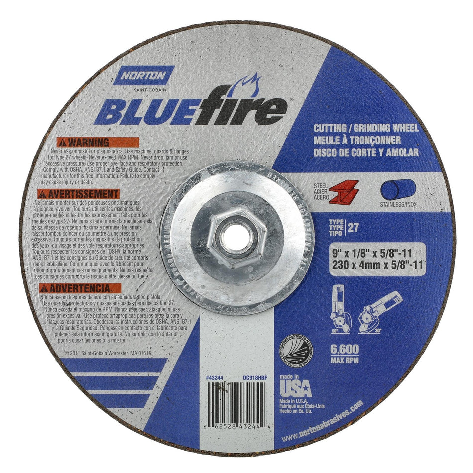 Norton 9 in x 1/8 in x 5/8 in-11 BlueFire Type 27 Grinding Wheel ZA 30 Grit U, 10-Pack