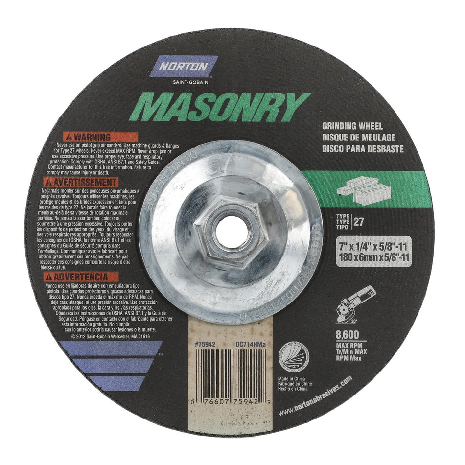 Norton 7 x 1/4 x 5/8-11 In. Masonry Grinding Wheel C 24 Q Type 27