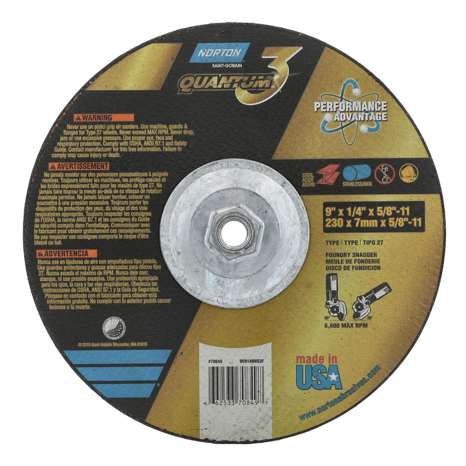 Norton 9 in x 1/4 in x 5/8 in-11 Quantum3 Type 27 Grinding Wheel CA 20 Grit T, 10-Pack