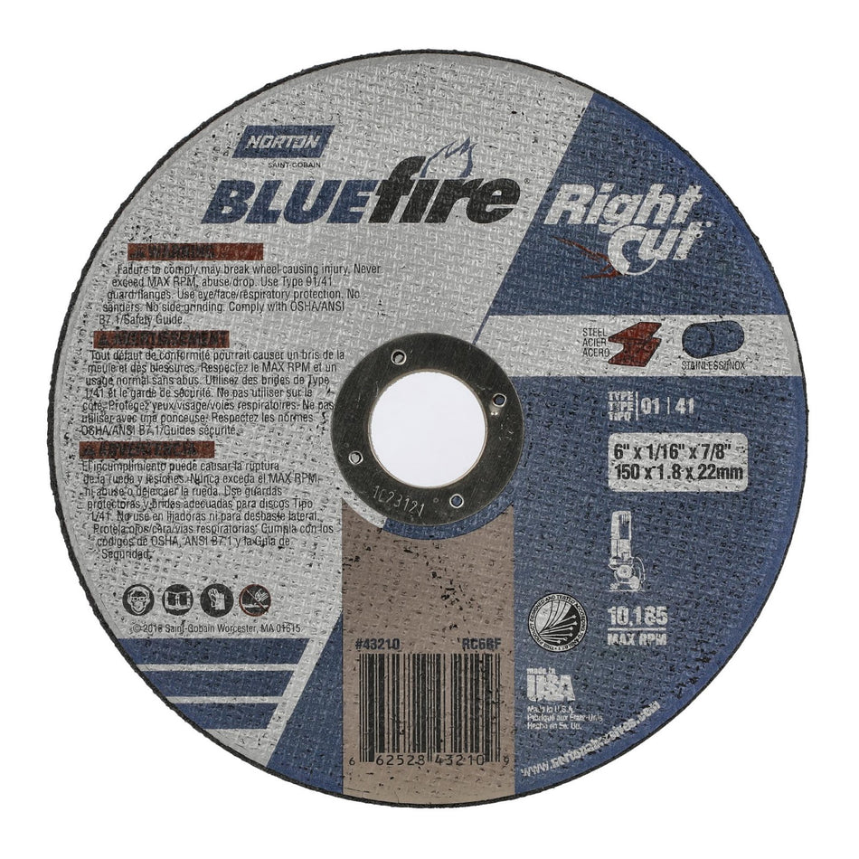 Norton 6 x 1/16 x 7/8 in BlueFire Type 41 Cut-Off Wheel AO 36 Grit Q, 25-Pack