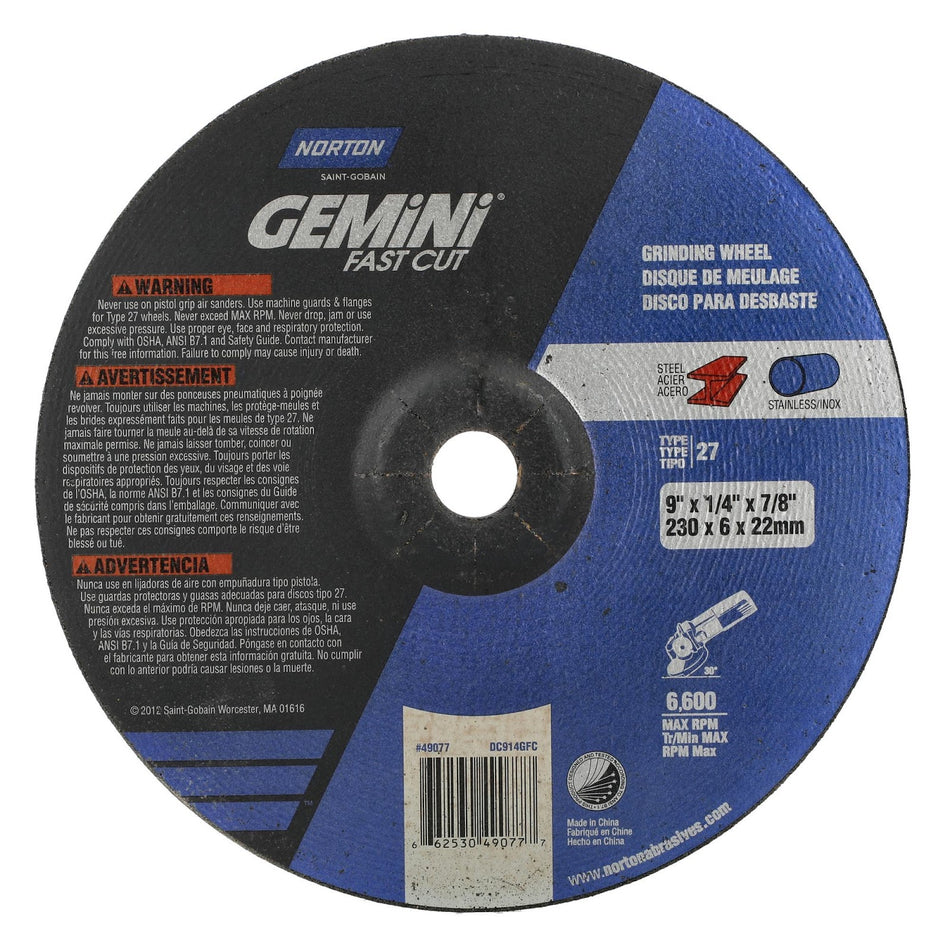 Norton 9 x 1/4 x 7/8 in Gemini Type 27 Grinding Wheel AO 24 Grit N, 20-Pack