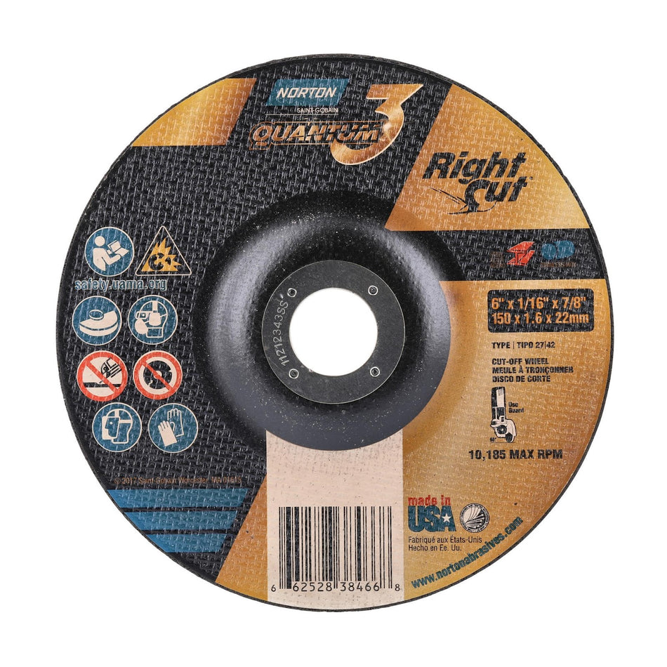 Norton 6 x 1/16 x 7/8 in Quantum3 Type 42 Cut-Off Wheel CA 36 Grit V, 25-Pack