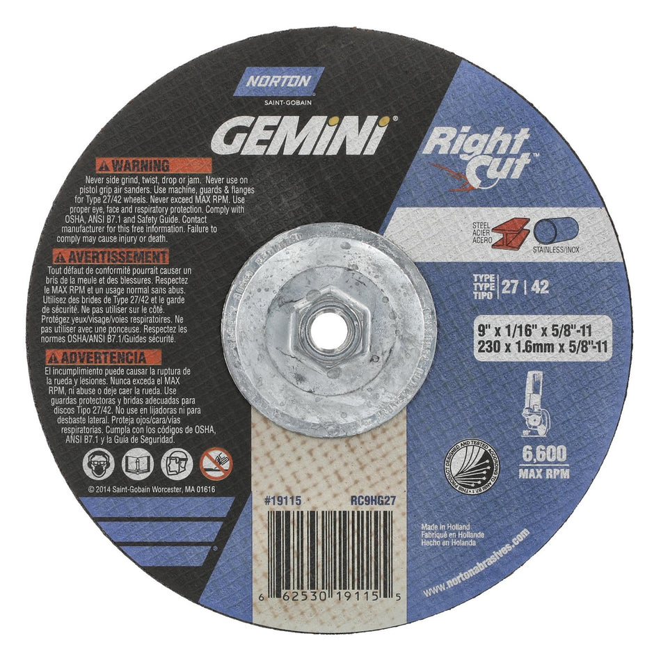Norton 9 in x 1/16 in x 5/8 in-11 Gemini Type 42 Cut-Off Wheel AO 36 Grit R, 10-Pack