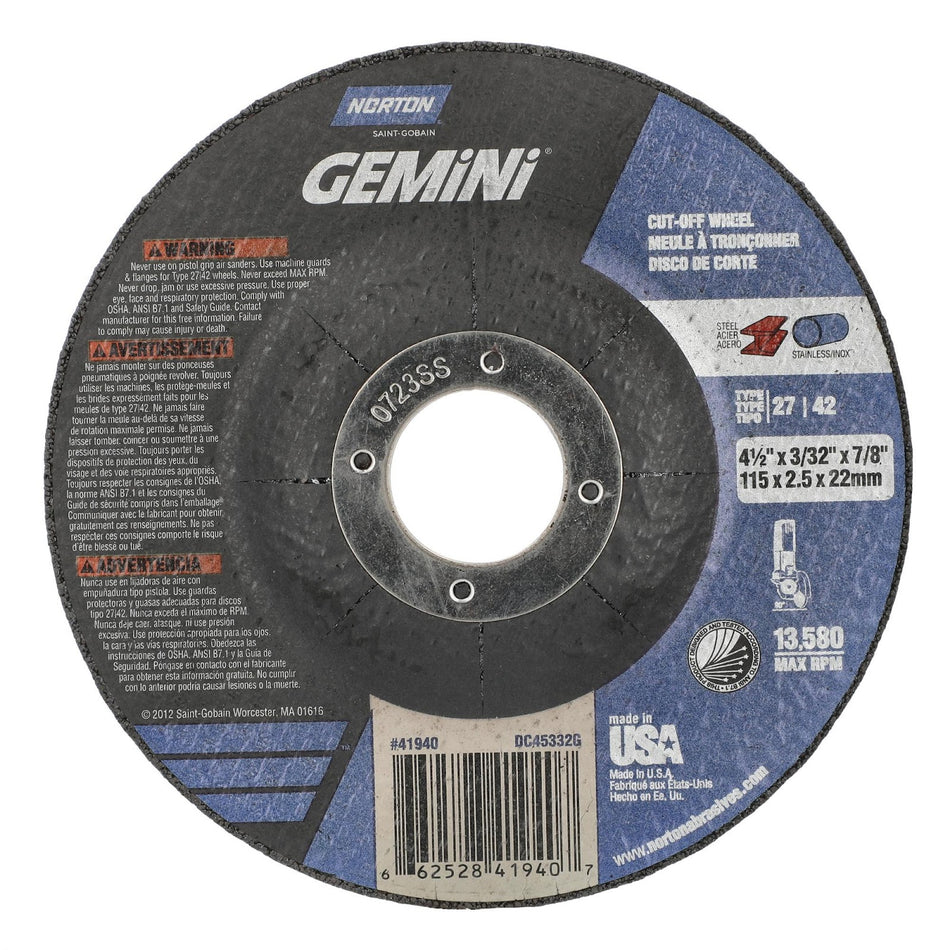 Norton 4-1/2 x 3/32 x 7/8 in Gemini Type 42 Cut-Off Wheel AO 30 Grit R, 25-Pack