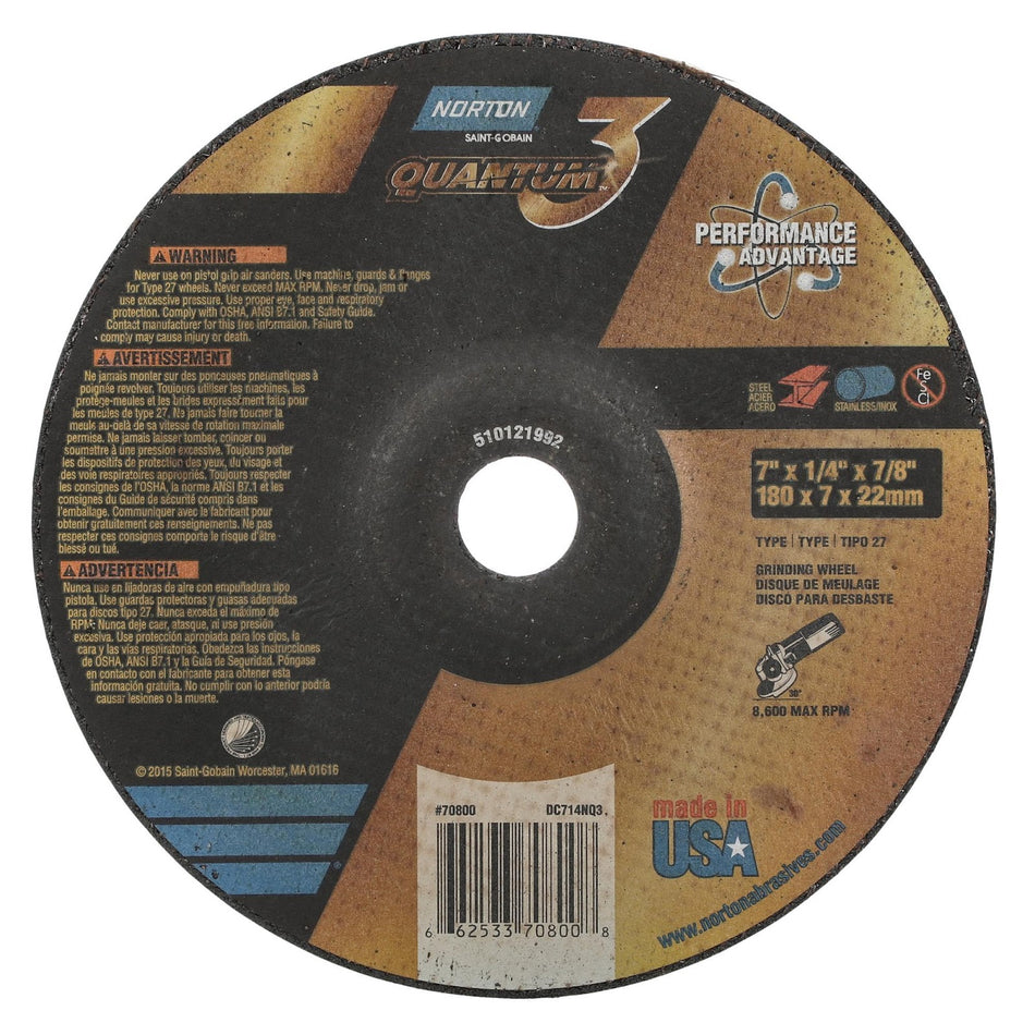 Norton 7 x 1/4 x 7/8 in Quantum3 Type 27 Grinding Wheel CA 20 Grit Q, 20-Pack
