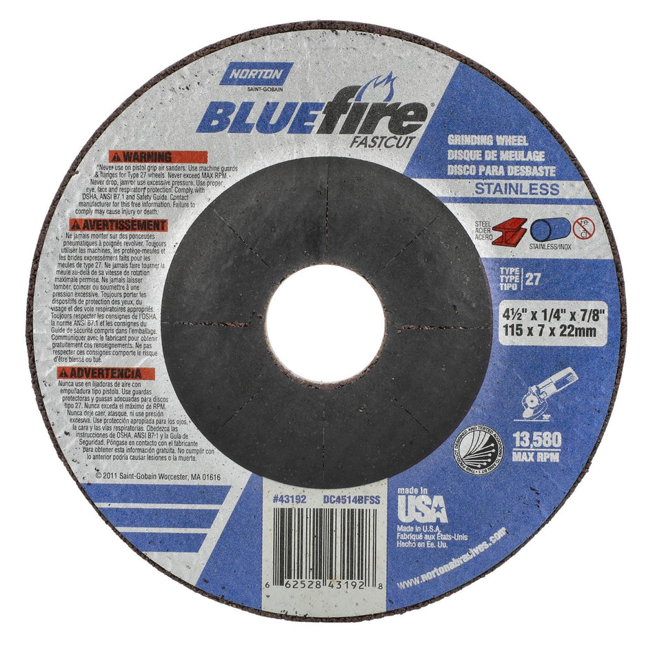Norton 4-1/2 x 1/4 x 7/8 in BlueFire Type 27 Grinding Wheel ZA 24 Grit S, 25-Pack