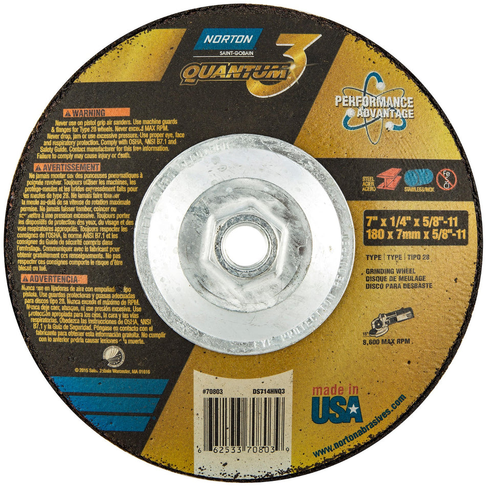 Norton 7 in x 1/4 in x 5/8 in-11 Quantum3 Type 28 Grinding Wheel CA 20 Grit U, 10-Pack